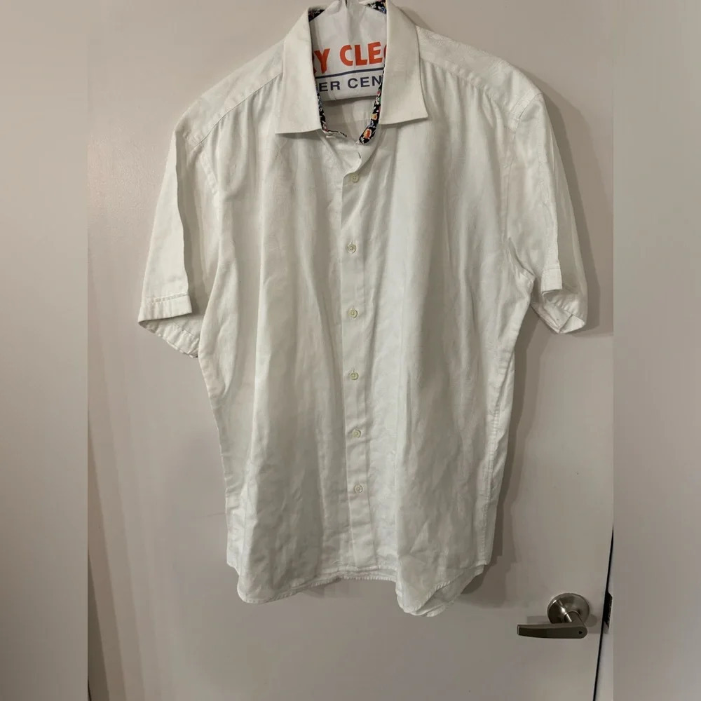 Bugatchi Shaped Fit Short Sleeve Shirt Large - white leaves stitching